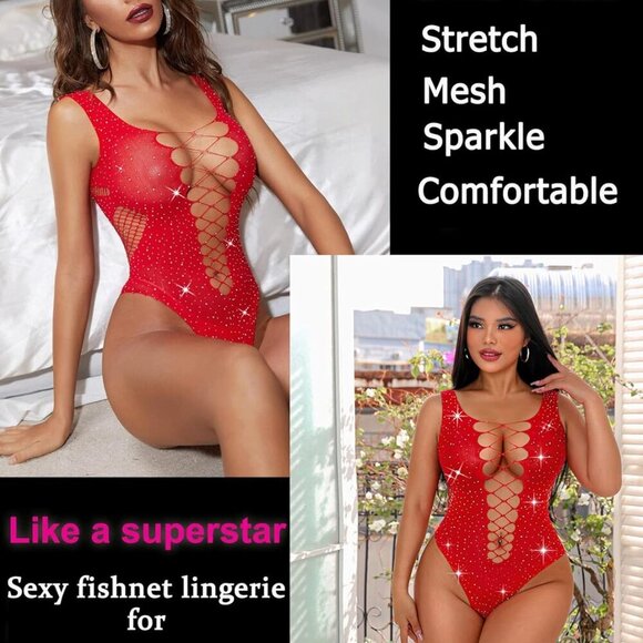 Rhinestone Bodysuit Tops Sparkle Fishnet Lingerie Sexy Outfit for Women Mesh Bod - Picture 3 of 7